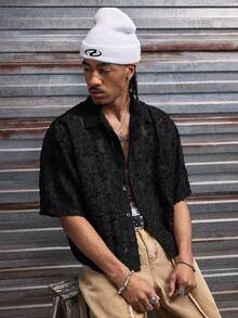 AXEPEAK Men's Cutout Short Sleeve Single-Breasted Loose Casual Shirt - Black - View 4