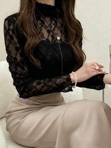 FRIFUL Women's Fashionable Sexy Sheer Lace Collar Fitted Blouse Spring - Black - View 4