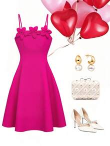 Rafferiza 浪漫立体花卉设计连衣裙，优雅派对/生日/情人节/度假礼服，玫瑰红 - 玫紅色 - 查看 1