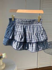 Comfortcana 2026新款春夏时尚女式休闲格子荷叶边迷你裙，夏季女式海滩度假风，2000年代风格 - 藏蓝色 - 查看 2