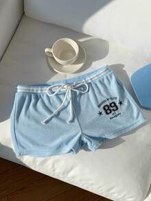 Comfortcana 2026新款春夏时尚女式数字刺绣条纹抽绳腰休闲短裤，夏季女式沙滩短裤，适合海滩度假，2000年代风格 - 淺藍色 - 查看 1