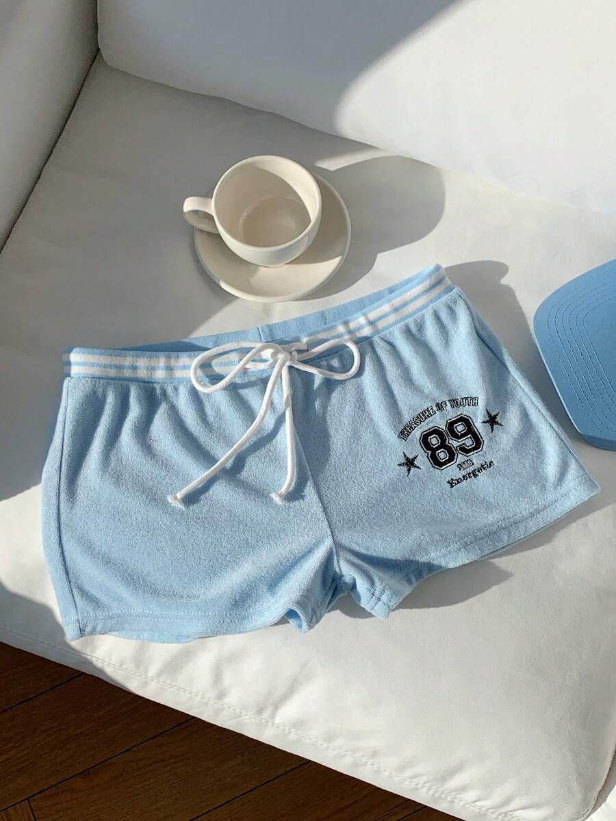 Comfortcana 2026新款春夏时尚女式数字刺绣条纹抽绳腰休闲短裤，夏季女式沙滩短裤，适合海滩度假，2000年代风格 - 淺藍色 - 查看 1