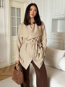 DAZY 女士休闲纯色翻领腰带常规款外套，春秋季 - 卡其色 - 查看 3