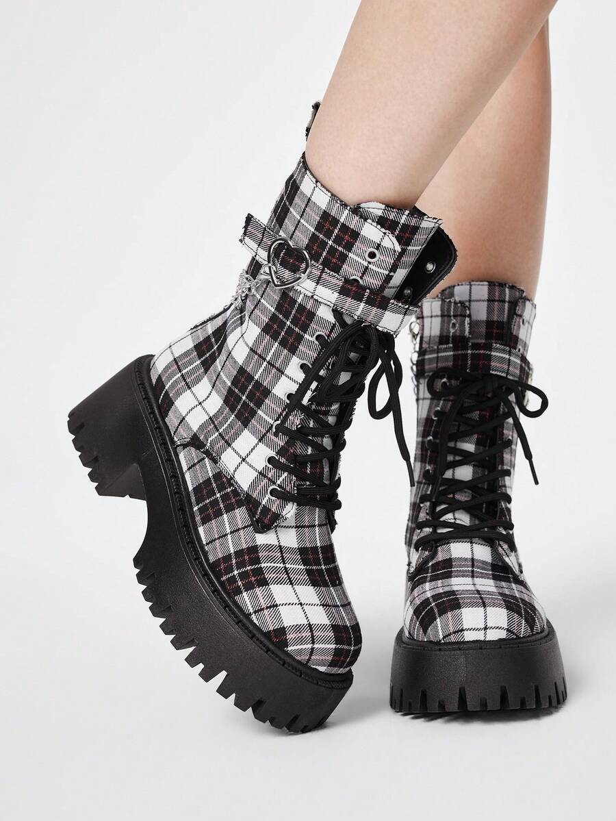 ROMWE Grunge Punk Giày bốt nữ phong cách rock punk goth buộc dây, bốt cổ ngắn đế dày, đế cao, thích hợp cho Giáng sinh và Ngày Valentine. - Lưới trắng gạo - Xem 1