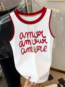 Resyla Women's Letter Print Contrast Color Round Neck Casual Loose Tank Top - Multicolor - View 3