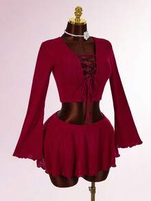 Amplova 女士纯色系带喇叭袖露脐上衣和短裙性感时尚套装 - 酒紅色 - 查看 5