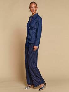 COSMINA Denim Women's Elegant Navy Blue Denim Shirt,Thin Tie-Up Blouse With Garterized Waist,Chic Cotton Casual Everyday Work Tops For Autumn,All Season Shirts - Medium Wash - View 4