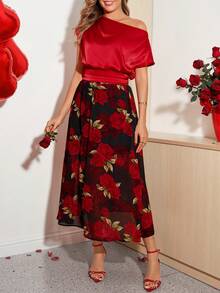 Ellevyn 女士纯红色不对称肩部褶皱露脐上衣搭配印花雪纺A字裙两件套，优雅百搭，适合日常穿着、情人节和早春场合。 - 彩色 - 查看 5