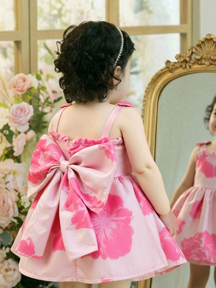 SHEIN 女婴优雅吊带大蝴蝶结提花A字连衣裙，适合生日派对和节日庆典，春夏款 - 粉色 - 查看 1