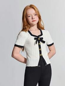 Maija Kids Maija Kids 少女杏色罗纹撞色金色花朵纽扣圆领短袖休闲T恤 - 杏色 - 查看 5
