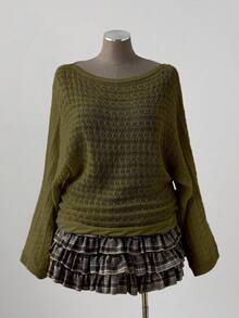 Sunspun Áo len nữ cỡ lớn kiểu Bohemian/Y2K khoét rỗng, tay loe dài, màu trơn, thích hợp cho kỳ nghỉ, phù hợp cho mọi mùa, màu xanh ô liu. - xanh quân đội - Xem 5