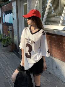 DAZY 女士V领字母印花休闲街头风短袖T恤 - 白色 - 查看 4
