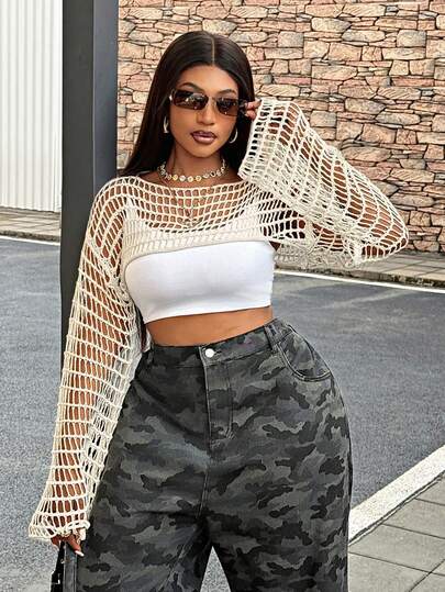 Maweii 女士休闲简约日常时尚百搭优雅年轻海滩度假船领长袖落肩镂空白色短款套头毛衣，大码