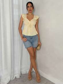 SHEIN Glamour Women's Simple Daily & Vacation Striped Jacquard Knit Flutter Sleeve T-Shirt With Front Drawstring Bowknot, Suitable For Daily Wear And Vacation - Light Yellow - View 3