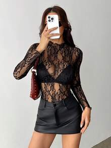 EgrlEra Petite Sexy Sheer Lace Fitted Long Sleeve Blouse (Random Cut) - Black - View 1