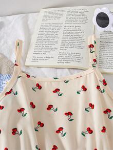 SHEIN Elladie kids 2pcs/Set Tween Girls Summer New Off Shoulder Adjustable Strap Patchwork Cake Hem Cherry Print/Blue Plaid Daisy Print Cute Simple Elegant Casual Vacation Dress Set - Multicolor - View 8