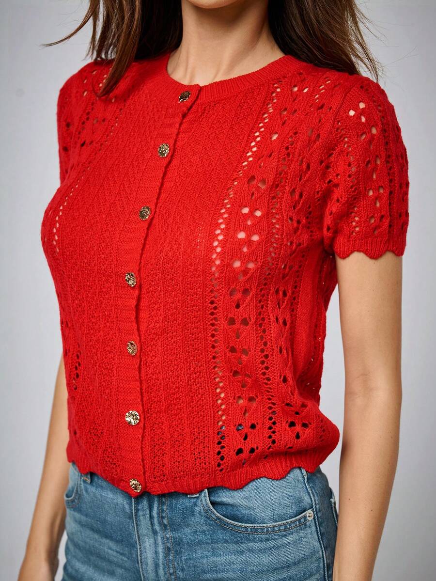 MAIJA Casual Cable Knit Open Front Long Sleeve Button Cardigan - Red - View 1