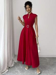 Elenzga Women's Elegant Casual Midi Dress With Romantic French Sicily Inspired Design, Suitable For Commute, Vacation, Afternoon Tea, Valentine's Day Party, Featuring Sweetheart Neck, Waist Tie Belt, Flared Hem, And Pockets, Spring/Summer - Red - View 6