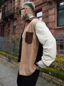 Artur Kramer Jaket Shacket Pria Bahan Corduroy dengan Panel Warna Kontras dan Kerah, Gaya Kasual untuk Pemakaian Sehari-hari, Musim Gugur - Hitam - View 6