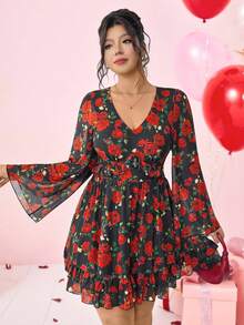 Elenzga Plus Size Women's New Arrival Vintage Floral Rose Print V-Neck Long Sleeve Ruched Waist Fit & Flare Dress, Elegant For Dates, Parties, Gatherings, Business, Vacation,  Day, Christmas, Spring - Red - View 5