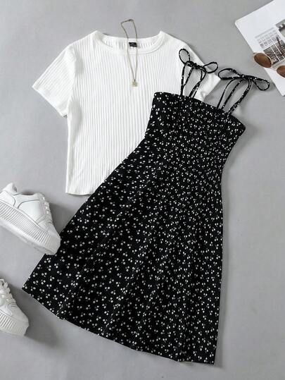 SHEIN Essnce Plus-Size Women's Spring/Summer Fashion Casual Stretch Comfortable Everyday White Casual Short-Sleeved T-Shirt And Black Floral Print Camisole Fitted Short Dress Two Pieces Set,Summer Outfits,Curve Cute Set