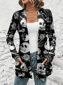 SHEIN LUNE Women's Loose Fit Skull Print Thin Cardigan Jacket,Long Sleeve Black And White Goth Halloween Costumes,Everyday Casual Autumn Fall Clothes For Women - Multicolor - View 3