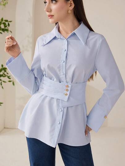 Veilorie 女士纯色长袖单排扣休闲/工作衬衫