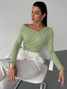 Firerie Áo croptop trắng dài tay, thanh lịch, tối giản, cổ bèo bất đối xứng dành cho nữ, phù hợp cho đi làm hàng ngày, lễ hội âm nhạc và kỳ nghỉ. - màu xanh lá - Xem 9