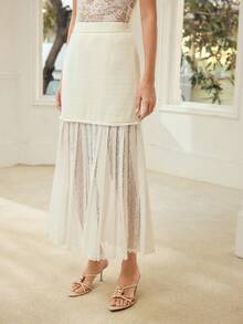 MOTF PREMIUM WOMEN'S ROMANTIC LACE PATCHWORK PLEATED A-LINE SKIRT, SUITABLE FOR SPRING/SUMMER DATES - White - View 3