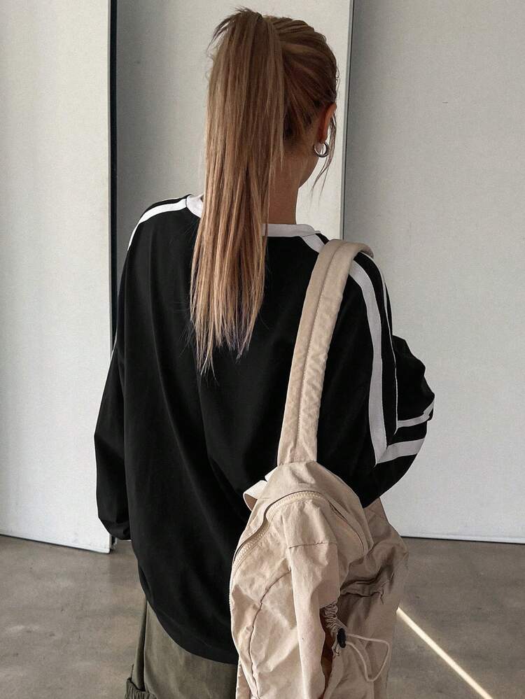 Colorblock Striped Loose Fit Long Sleeve T-Shirt With Round Neckline For Women, Suitable For Spring And Summer,Fall Clothes,Back To School Clothes Preppy Tops