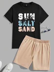 VIVINTIMO 男士修身针织上衣和梭织短裤套装，度假风椰树字母印花T恤套装 - 彩色 - 查看 1