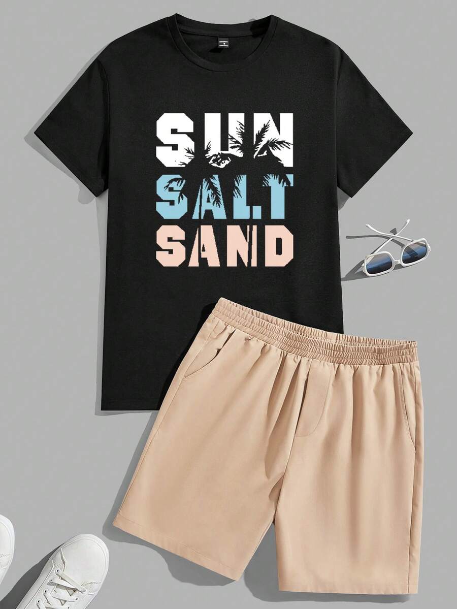 VIVINTIMO 男士修身针织上衣和梭织短裤套装，度假风椰树字母印花T恤套装 - 彩色 - 查看 1