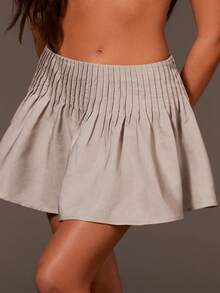 Athîral Women's Casual Pleated Denim Effect Skirt - Khaki - View 1