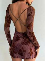 Firerie Women's Elegant, Exquisite, Romantic, Sexy Date, Party, Ball, Valentine's Day, New Year Holiday Plunging Neck Backless Beaded Chain Bell Sleeve Flocked Texture Mini Dress Sexy Dress Dinner Feminine Dress