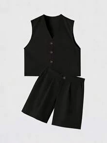 Manfinity Dauomo Conjunto de camiseta sin mangas de verano con cuello en V y botones para hombre - Negro - Ver 5