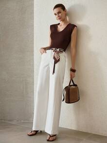 MOTF PREMIUM WOMEN'S WHITE DENIM EFFECT SIDE SEAM BELTED PANTS - Apricot - View 7