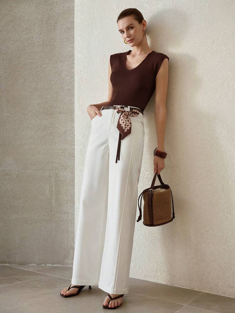 여성용 화이트 데님 효과 사이드 심 벨트 바지