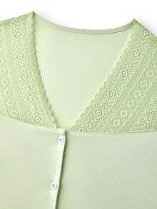 LUVLETTE Soft 100% Pure Cotton Lace Trim Button-Up Top & Pants Loungewear Pajama Set Pyjama - Mint Green - View 8