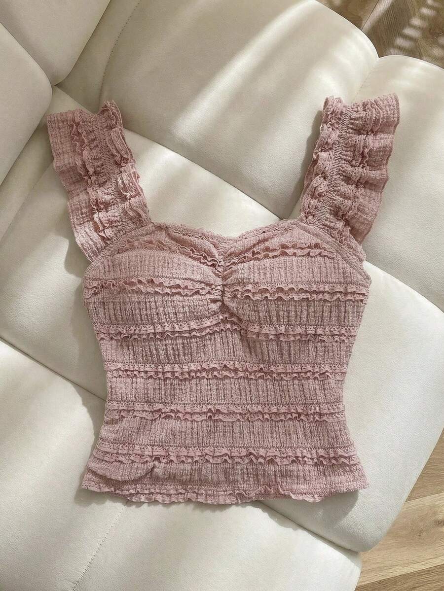 SHEIN Tween Girl Summer Pink Vacation Cap Ruffle Sleeve Lace Blouse, Textured Fitted Lace Top, Suitable For Afternoon Tea, Beach Vacation, Tween Baby Doll Top, Summer Top Ruffle Top Pink Top Teen Ruffle Top Cute Teen Summer Top Baby Pink Top Summer Knit Baby Doll Top Knitted Ribbed Tube Top Camisole, Tween Girl Knitted Ribbed Tube Top Camisole Set Teen Girl Babydoll Top - Pink - View 1