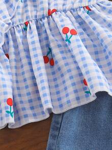 2件套女婴春夏休闲风套装，纯色无袖吊带上衣和蝴蝶结装饰短牛仔裤 - 藍色 - 查看 5