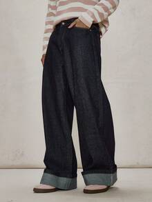 Musero 宽松阔腿卷边牛仔裤，撞色缝线，纽扣腰带环细节，冬季必备单品 - 深色水洗藍 - 查看 3