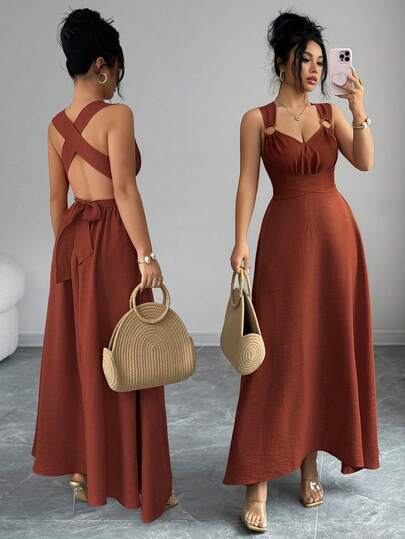 Selianne 新款时尚V领细肩带交叉露背连衣裙，优雅收腰细肩带沙滩裙，妩媚动人，性感迷人，适合海滩、旅行、拍照、通勤、派对等场合，复古清新。