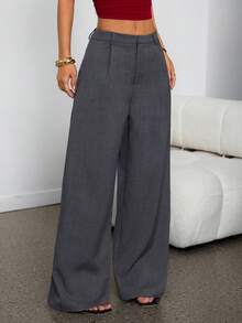 SHEIN PETITE 女士商务休闲裤 女士西式服装 女士阔腿裤 女士办公室服装 宽松裤 专业女士服装 办公室着装 灰色 - 深灰色 - 查看 7