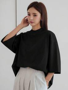 Dazy-Less 秋冬春夏寬鬆商務休閒素色極簡基本款短袖女款T恤 - 黑色 - 查看 5