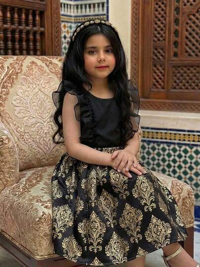 SHEIN Young Girl Elegant Ruffle Trim Top + Luxurious Black & Gold Floral Pattern Skirt Set, Suitable For Weddings, Formal Dinners, Cultural Events, Girls' Daily Wear, Holidays, Family Gatherings, And Special Occasions