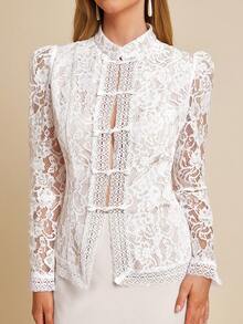 Amorya Damen elegantes einfarbiges Spitzenhemd mit Knöpfen - Weiss - Übersicht 6