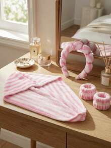 Zestaw 3 szt.: Chłonny czepek do suszenia włosów + opaska na głowę + opaska na nadgarstek, miękki czepek do suszenia włosów wykonany z materiału tekstylnego, odpowiedni do użytku domowego - Wielokolorowe - Zobacz 9