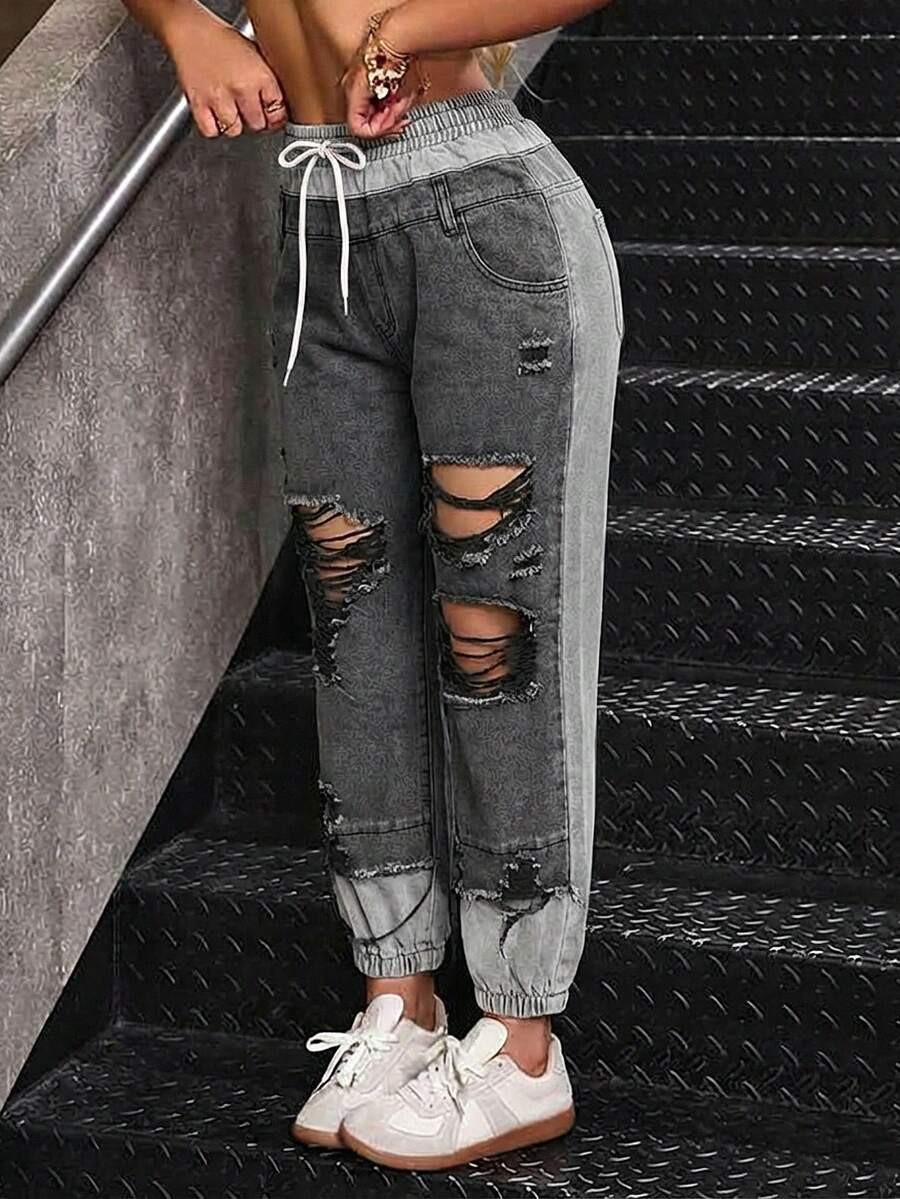 SHEIN EZwear Plus Size Casual Washed Color Block Distressed Denim Jeans - Black - View 1