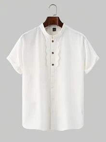 EGENSIO 男士立领纯色撞色蕾丝单排扣短袖衬衫 - 白色 - 查看 4