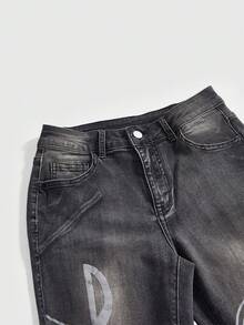 ROMWE Grunge Punk Women's Pocketed Button Distressed Music Note & Treble Clef Print Casual Versatile Daily Wear Flared Jeans - Black - View 3